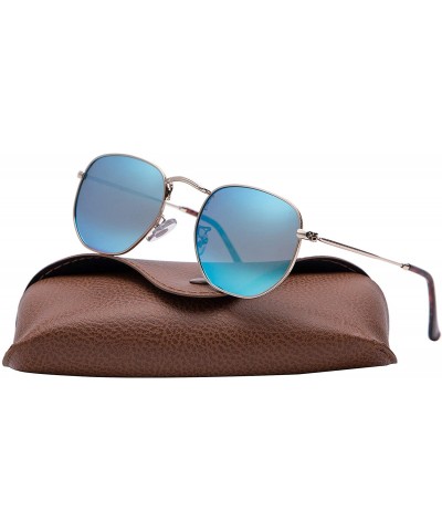 Oversized Medium Unisex Polygon Polarized Sunglasses - Gold Frame With Blue Mirror Lens - CG196HKGGCC $9.84