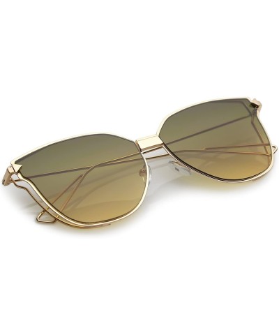 Oversized Oversize Slim Wire Arms Colored Mirror Flat Lens Cat Eye Sunglasses 59mm - Gold / Green Beige - CE18206DOAL $11.00
