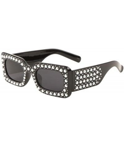 Rectangular Pearl Shape Rhinestone Oversized Rectangular Sunglasses - Black - CZ18EHQGO2W $15.50
