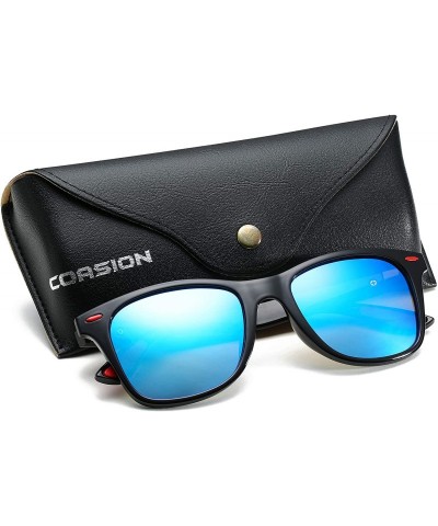 Square Polarized Sunglasses for Men Ultra-light Square Black Driving Sun Glasses - Bright Black/Blue Mirror - CV18KISM2NH $16.45