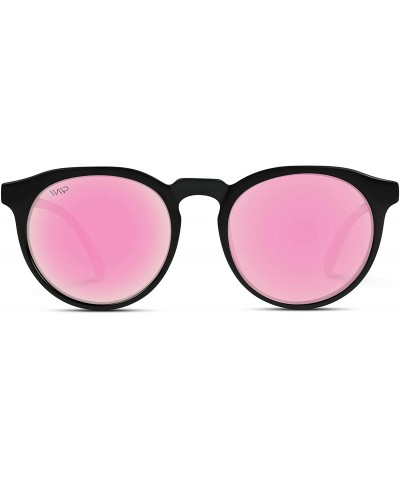 Oval Retro Round Flat Top Frame Mirrored Fashion Sunglasses - Black Frame / Pink Mirror Lens - CX12L97OF19 $22.01