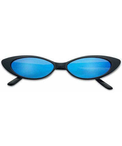Oval Mini Vintage Retro Extra Narrow Oval Round Skinny Cat Eye Sun Glasses Clout Goggles - Black Frame - Blue Mirrored - CX18...