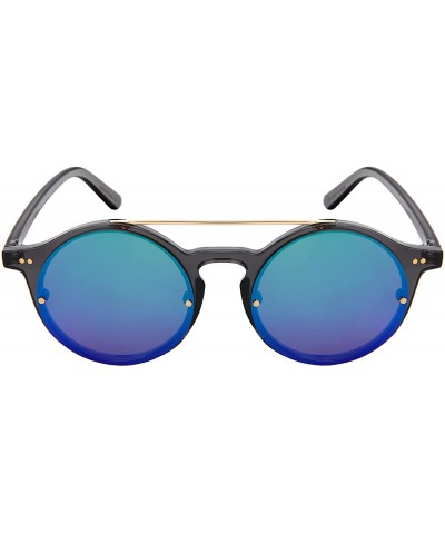 Round Fashion Round Brow Bar Plastic Sunglasses w/Flat Mirrored Lens 541089 - Clear Grey Frame/Green Mirrored Lens - CM18C4OU...