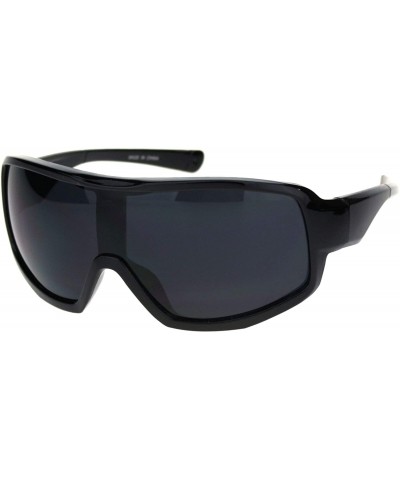 Rectangular Mens Oversize Biker Racer Shield Flat Top Warp Plastic Sunglasses - Shiny Black Grey - CY18R8QDL44 $10.65