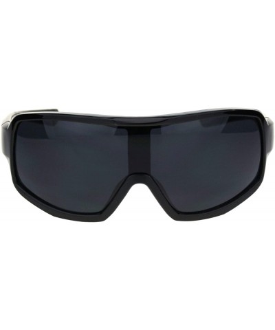 Rectangular Mens Oversize Biker Racer Shield Flat Top Warp Plastic Sunglasses - Shiny Black Grey - CY18R8QDL44 $10.65