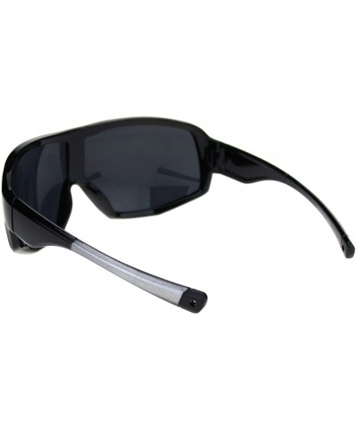 Rectangular Mens Oversize Biker Racer Shield Flat Top Warp Plastic Sunglasses - Shiny Black Grey - CY18R8QDL44 $10.65