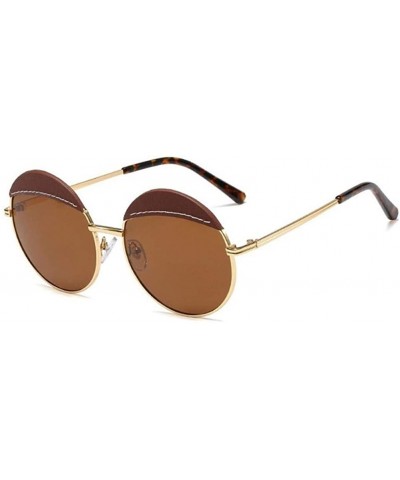 Round Women Leather Round Sunglasses Sun Glasses For Female Men Trend Brown Sunglasses - C3 Red Grey - C119037RYS9 $14.97