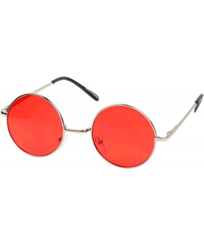 Round Retro John Lennon Style Sunglasses Round Red Tint Color Groovy Hippy Wire Circle Teashades - Silver Frame - CI18CAE4ERL...