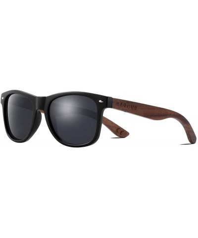 Rectangular Walnut Wood Polarized Sunglasses for Men Women with Bamboo Tube or Black Box - CQ194UAW54G $22.84