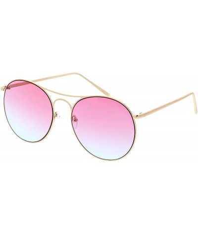 Oversized Oversize Metal Double Nose Bridge Round Gradient Flat Lens Aviator Sunglasses 65mm - Gold / Pink Grey - C3183X5DQM6...