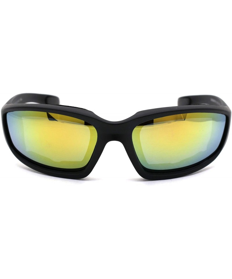 Goggle Mens Foam Padded Warp Around Biker Goggle Style Sunglasses - Matte Black Yellow Mirror - C318A6LILIE $12.29