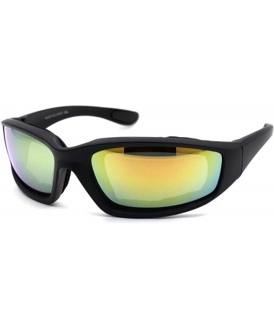 Goggle Mens Foam Padded Warp Around Biker Goggle Style Sunglasses - Matte Black Yellow Mirror - C318A6LILIE $12.29