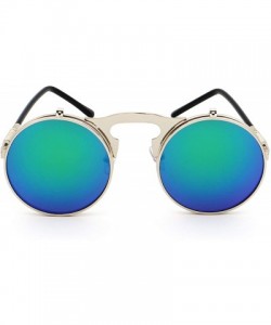 Goggle Women Men Round Sunglasses Steampunk Sidestreet Flip-up Mirror Lens Metal Frame Eyewear - Silver Frame/Green Lens - CN...