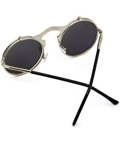 Goggle Women Men Round Sunglasses Steampunk Sidestreet Flip-up Mirror Lens Metal Frame Eyewear - Silver Frame/Green Lens - CN...