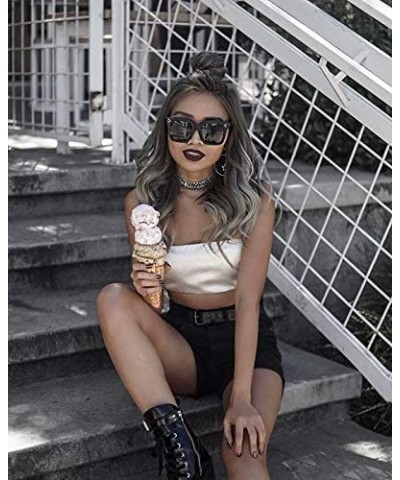 Round Retro Oversized Square Sunglasses for Women with Flat Lens 50mm - C01 - Shiny Black / Smoke - CA12J18FSKZ $30.90