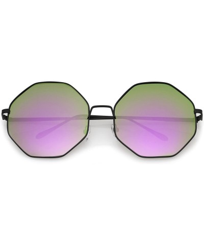 Oversized Oversize Metal Frame Slim Temple Colored Mirror Lens Hexagon Sunglasses 63mm - Black / Purple-green Mirror - CJ12OI...