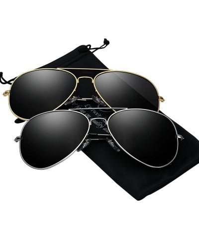 Oversized Mens Aviator Sunglasses Polarized Metal Frame Black Sun Glasses - Sliver Frame Black Lens+gold Frame Black Lens - C...