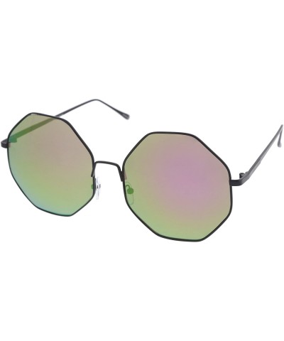 Oversized Oversize Metal Frame Slim Temple Colored Mirror Lens Hexagon Sunglasses 63mm - Black / Purple-green Mirror - CJ12OI...