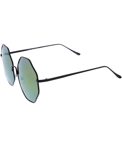 Oversized Oversize Metal Frame Slim Temple Colored Mirror Lens Hexagon Sunglasses 63mm - Black / Purple-green Mirror - CJ12OI...