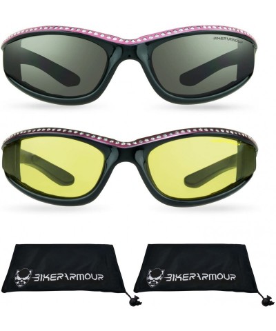 Goggle Rhinestone Motorcycle Sunglasses Foam Padded for Women. (Smoke Pink + Yellow Pink Combo) - C6187QQ5XHC $39.25