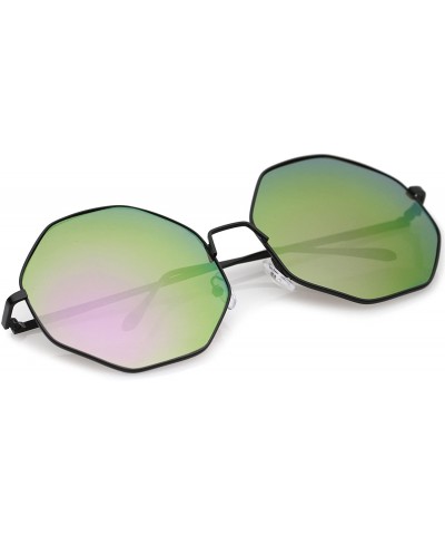 Oversized Oversize Metal Frame Slim Temple Colored Mirror Lens Hexagon Sunglasses 63mm - Black / Purple-green Mirror - CJ12OI...