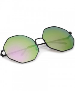 Oversized Oversize Metal Frame Slim Temple Colored Mirror Lens Hexagon Sunglasses 63mm - Black / Purple-green Mirror - CJ12OI...