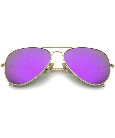 Aviator Premium Classic Large Matte Metal Frame Mirror Glass Lens Aviator Sunglasses 61mm - Gold / Purple Mirror - C612KHAR6I...