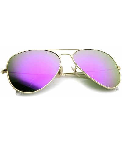 Aviator Premium Classic Large Matte Metal Frame Mirror Glass Lens Aviator Sunglasses 61mm - Gold / Purple Mirror - C612KHAR6I...