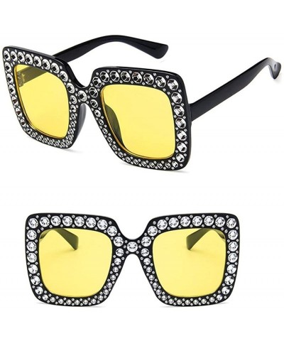 Square Women Fashion Square Frame Rhinestone Decor Sunglasses - Black Yellow - CP190L7GLO2 $16.42