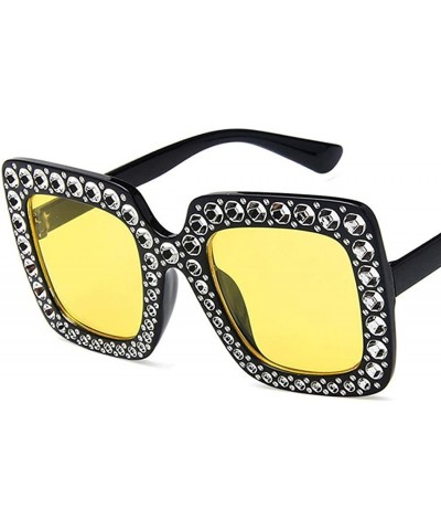 Square Women Fashion Square Frame Rhinestone Decor Sunglasses - Black Yellow - CP190L7GLO2 $16.42