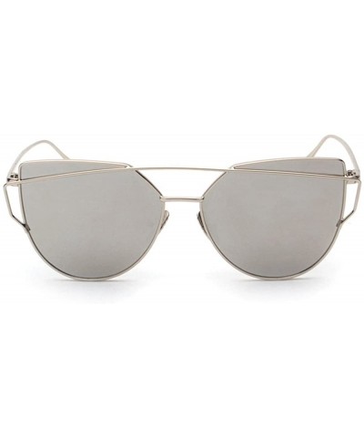 Aviator Women's Metal Frame Sunglasses - Twin-Beams Oversized Aviator Vintage Eyewear - Classic Cat Eye Glasses - Silver - C5...