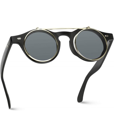 Round Flip up Cyber Steampunk Round Circle Retro Sunglasses - Black Frame / Gold Rimmed / Black Lens - CO184WGEH9Q $23.06