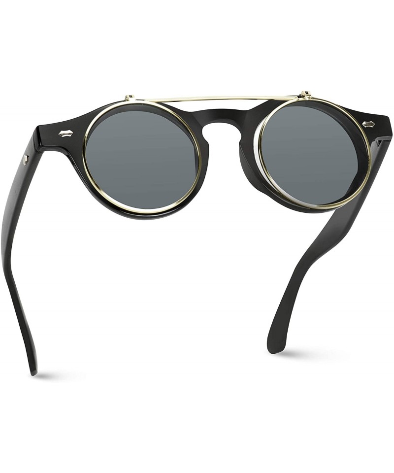 Round Flip up Cyber Steampunk Round Circle Retro Sunglasses - Black Frame / Gold Rimmed / Black Lens - CO184WGEH9Q $15.06