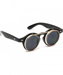 Round Flip up Cyber Steampunk Round Circle Retro Sunglasses - Black Frame / Gold Rimmed / Black Lens - CO184WGEH9Q $15.06