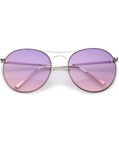 Round Oversize Metal Double Nose Bridge Round Gradient Flat Lens Aviator Sunglasses 65mm - Silver / Purple Pink - CN183X525G7...