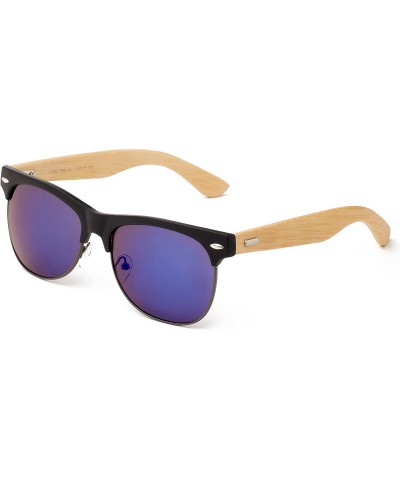 Round "Helix Flash" Vintage Design Fashion Sunglasses Real Bamboo - Black/Gunmetal/Blue - C412M1OD1MX $22.70
