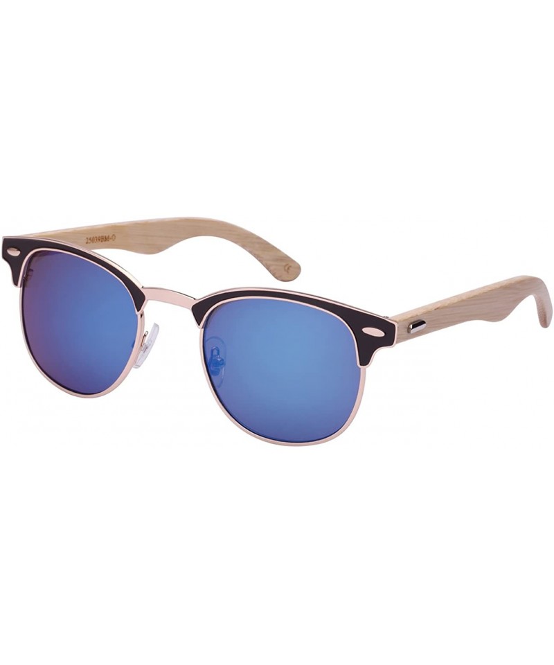 Wayfarer Wood Bamboo Optical Quality P3 Horned Rim Style Sunglasses w/Mirrored Lens 25039BMO-REV - Black/Blue Mirrored - C312...