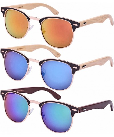 Wayfarer Wood Bamboo Optical Quality P3 Horned Rim Style Sunglasses w/Mirrored Lens 25039BMO-REV - Black/Blue Mirrored - C312...