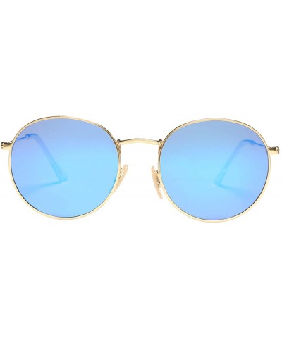 Oval Small Round Metal Polarized Sunglasses for Women Retro Designer Style - Gold Frame/Blue Mirrored Lens - CO18UO5QCQH $18.76