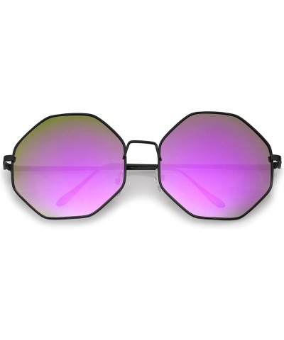 Round Oversize Metal Frame Slim Temple Colored Mirror Lens Hexagon Sunglasses 63mm - Black / Purple Mirror - C412O43ZV76 $24.04