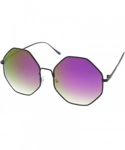 Round Oversize Metal Frame Slim Temple Colored Mirror Lens Hexagon Sunglasses 63mm - Black / Purple Mirror - C412O43ZV76 $13.36
