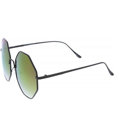 Round Oversize Metal Frame Slim Temple Colored Mirror Lens Hexagon Sunglasses 63mm - Black / Purple Mirror - C412O43ZV76 $13.36