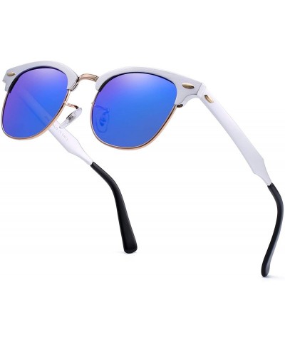 Square Vintage Polarized Sunglasses for Women Men Semi Rimless Metal Shades - Silver / Polarized Blue - CS18M673NW6 $11.70