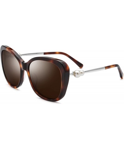 Cat Eye Acetate Women Oversize Cateye Polarized Sunglasses with Pearl Temple 9107 - Leopard - CU180OYIRXY $25.28