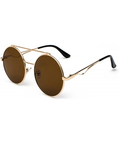 Oval Men women Metal Round Sunglasses Slim frame Colored Flat Lens 60mm - Brown - CQ18EQDHOX8 $19.20