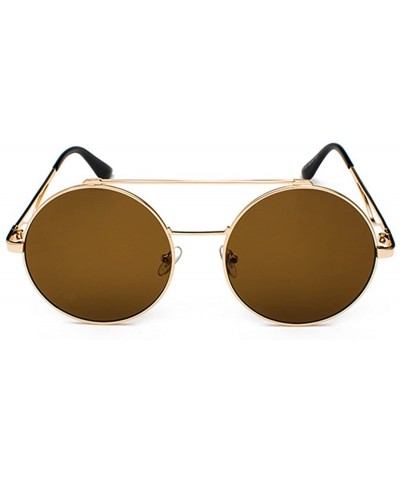 Oval Men women Metal Round Sunglasses Slim frame Colored Flat Lens 60mm - Brown - CQ18EQDHOX8 $9.48