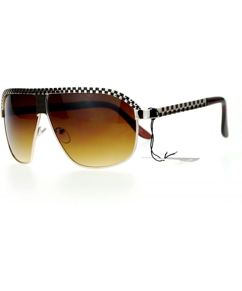 Rectangular Unique Checker Engraving All Metal Racer Pilot Sunglasses - Gold Gradient Brown - CT126SXYGDB $8.43