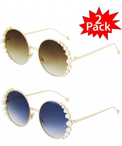 Round Fashion Round Pearl Decor Metal Frame Women's Sunglasses UV Protection - Brown and Black - CL18TMT3UCC $17.89