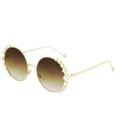 Round Fashion Round Pearl Decor Metal Frame Women's Sunglasses UV Protection - Brown and Black - CL18TMT3UCC $17.89