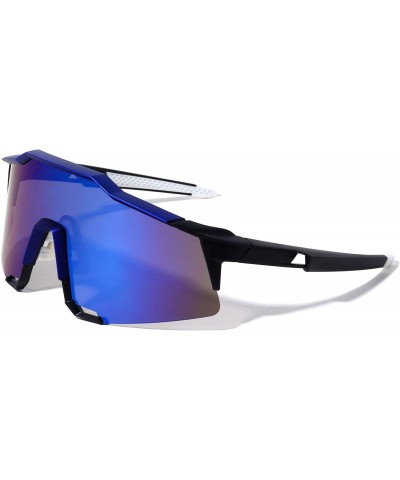 Semi-rimless Oversized Semi Rimless Sport Wrap Around Shield Sunglasses - Black & Blue Frame - CX18UL3C62N $22.91